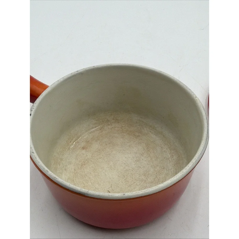 Vintage Descoware 7-A 14 Enameled Cast Iron 3.5 Cups Saucepan Pot W/Lid Orange